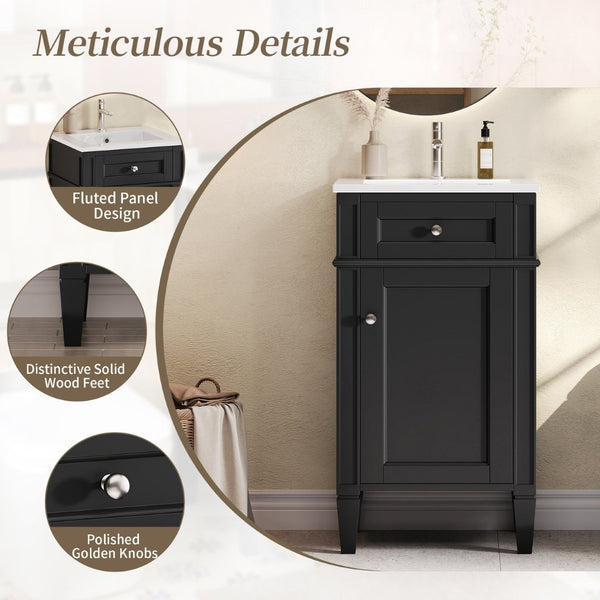English Elm 18-inch French Style Freestanding Bathroom Vanity with Ceramic Sink Soft Close Storage Black N710P411340B