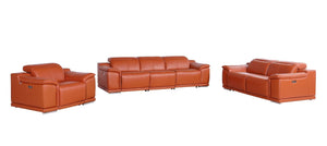 Three Piece Genuine Leather Sofa Set Seating Six in a Sophisticated Living Room