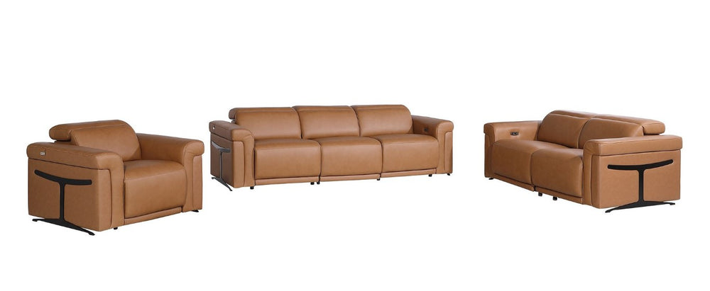 HomeRoots Three Piece Italian Leather Living Room Sofa Set Seating Six in Warm Chestnut 721786