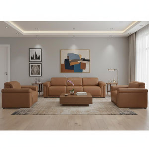 Three Piece Italian Leather Sofa Set Seating Six in Rich Chestnut Finish
