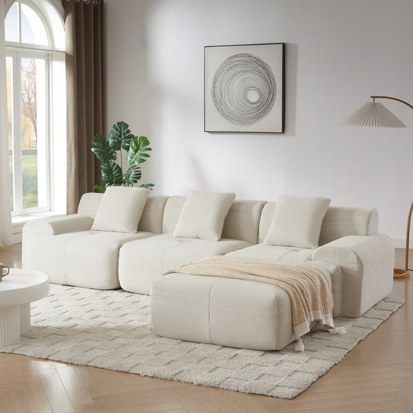 English Elm 113" Modular L-shaped Sectional Sofa Corduroy Upholstered with Movable Ottoman Beige W1359S00061