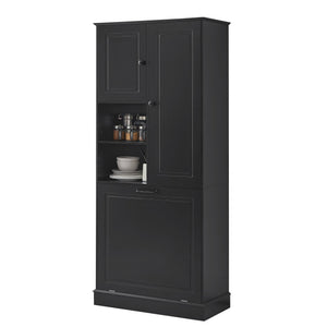 English Elm Tall Storage Cabinet with Flip-Out Basket, Adjustable Shelves & Aluminum Handles for Organized Living Black N725P322739B