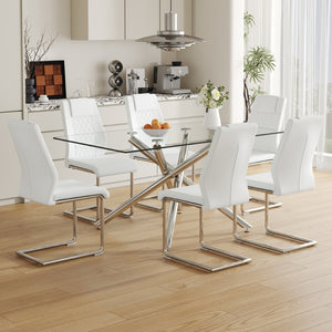 English Elm Table Modern Luxurious Transparent Glass Dining Set With 6 White Pu Chairs & Silver Metal Legs W1151S04126-GIGA