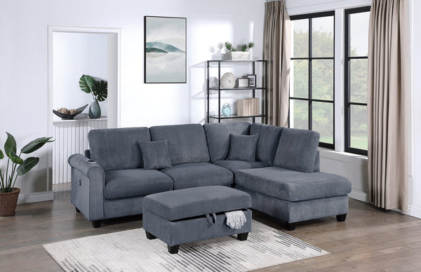 English Elm Contemporary 3pc Sectional Set with USB Charging, Corduroy Upholstery, Storage Ottoman & Pillows Dark Gray 76 L x 35 W x 17 H B011S01241