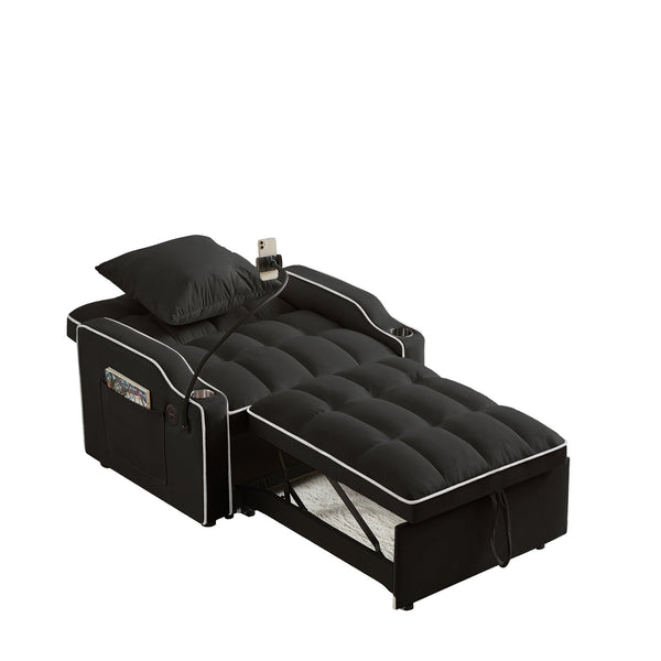 English Elm 3-in-1 Convertible Sofa Bed with USB & Type-C Ports, Cup Holders, Adjustable Backrest for Small Spaces Black W2151142231