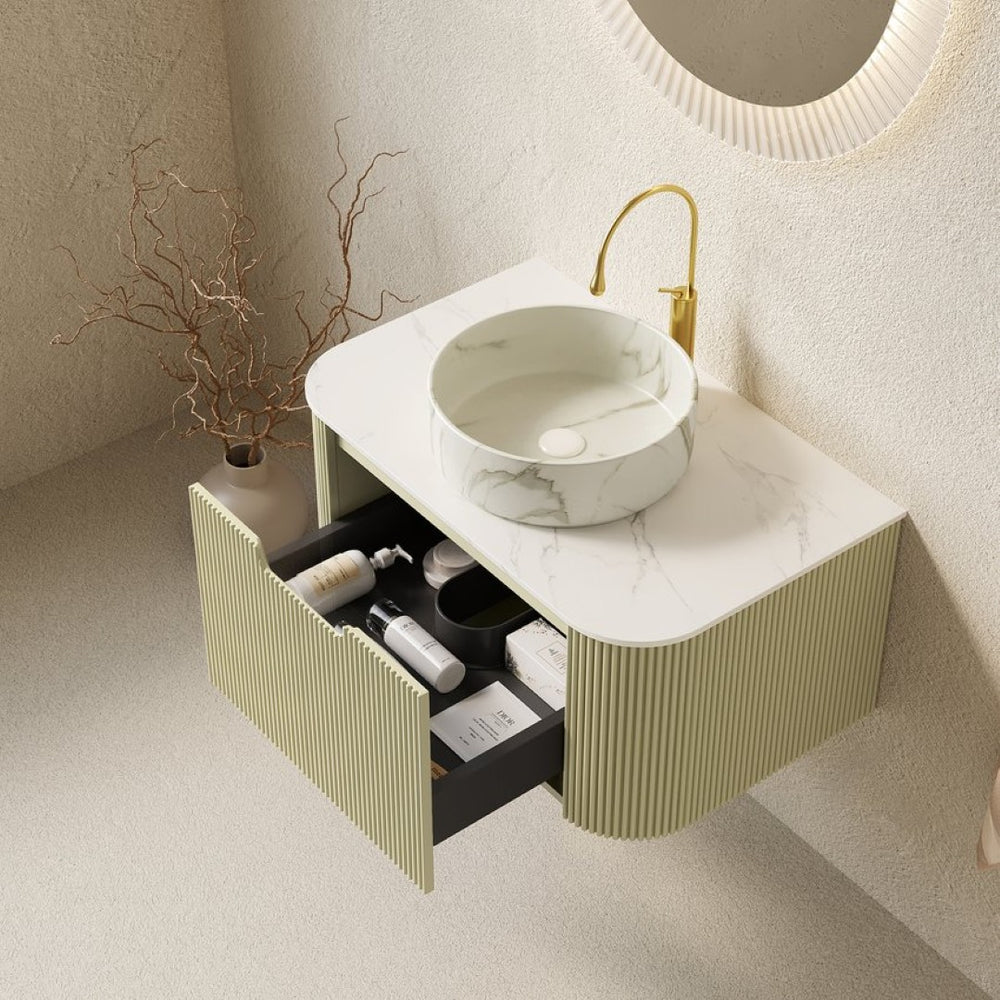 English Elm Muri Floating Bathroom Vanity Plywood Cabinet Sintered Stone Top Oak Drawer W2615S00563
