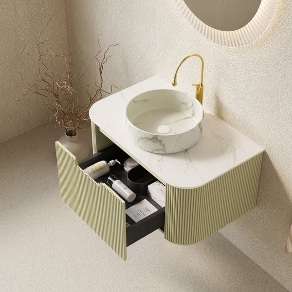 English Elm Muri Floating Bathroom Vanity Plywood Cabinet Sintered Stone Top Oak Drawer W2615S00563