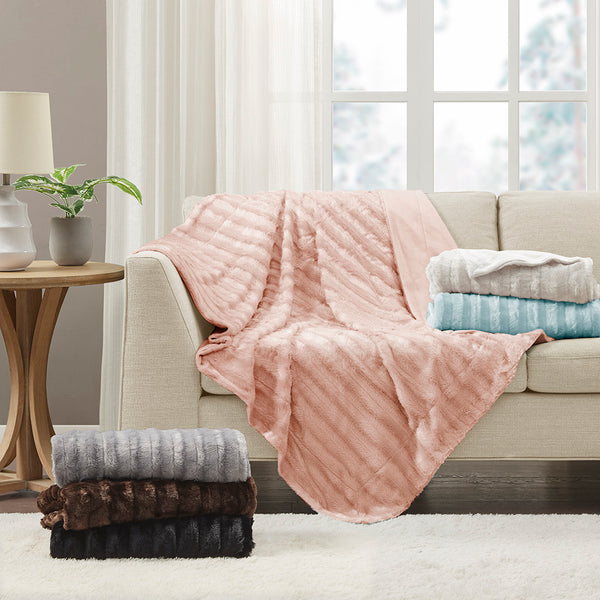 JLA Home Madison Park - Long Faux Fur Throw with Silky Micro-Fur Reverse, OEKO-TEX Certified, Lightweight Cozy 50x60 Inches Brown MP50-455