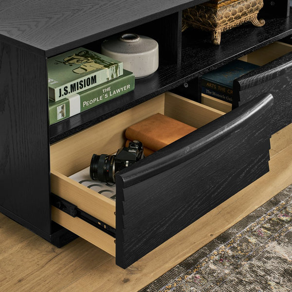 English Elm 63" Mid-Century Modern TV Stand for TVs up to 75" — Solid Wood Drawer Media Console, Louvered Farmhouse Design, Outlet Holes, Durable MDF Finish W1801P291993