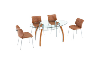 English Elm Dark Oil Waxed Faux Leather Dining Chair Set with Diamond Tufted High Back Metal Legs Brown W3493P444865