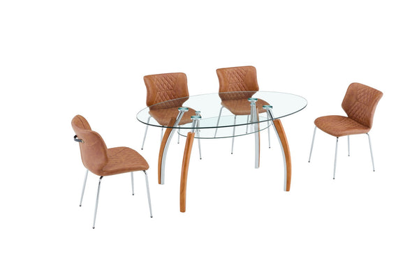 English Elm Dark Oil Waxed Faux Leather Dining Chair Set with Diamond Tufted High Back Metal Legs Brown W3493P444865