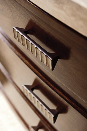 Lexington Pershing Bachelor's Chest: Contemporary Elegance With Silver Travertine Top And Cathedral Cherry Finish Carrillo  721-624