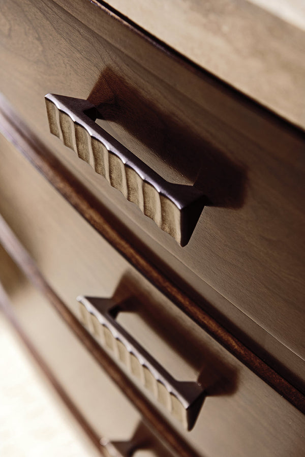 Lexington Pershing Bachelor's Chest: Contemporary Elegance With Silver Travertine Top And Cathedral Cherry Finish Carrillo  721-624