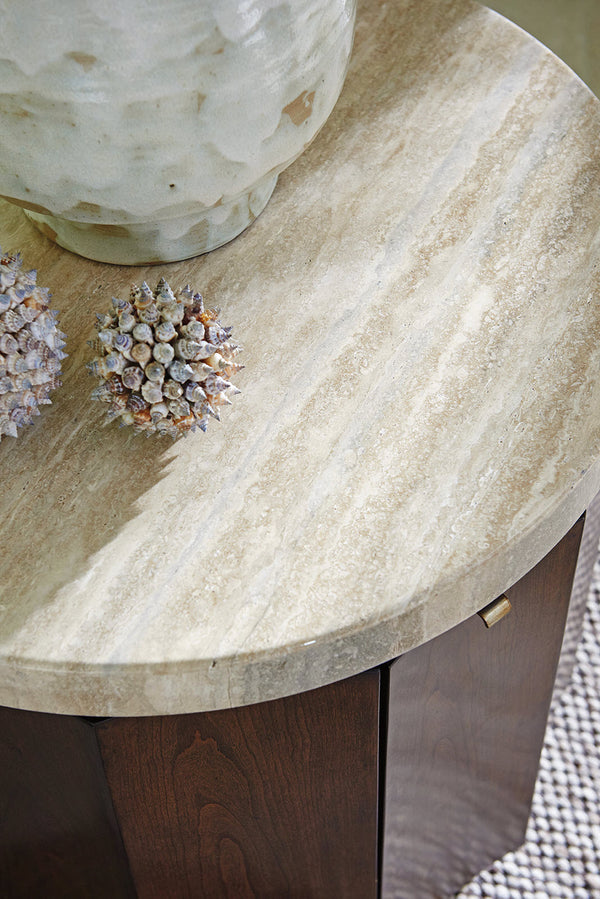 Lexington Glendora Drum Table - Contemporary Mocha-finished Design With Silver Travertine Top And Storage Shelf Carrillo  721-950