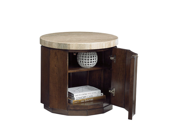 Lexington Glendora Drum Table - Contemporary Mocha-finished Design With Silver Travertine Top And Storage Shelf Carrillo  721-950