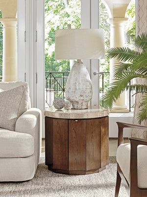 Lexington Glendora Drum Table - Contemporary Mocha-finished Design With Silver Travertine Top And Storage Shelf Carrillo  721-950