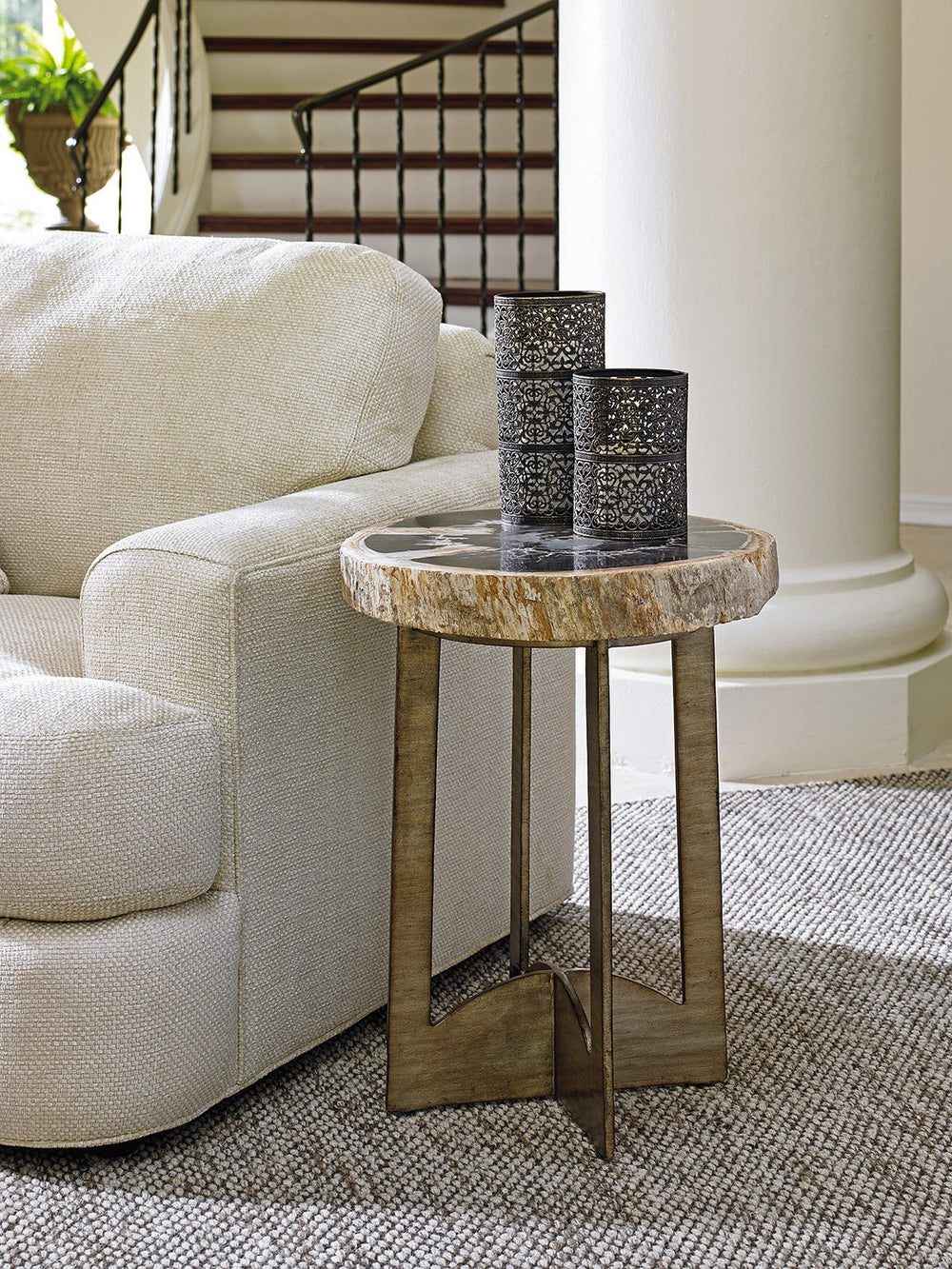 Lexington Cross Creek Contemporary Accent Table With Petrified Wood Top & Hand-burnished Silver Leaf Base Carrillo  721-958c