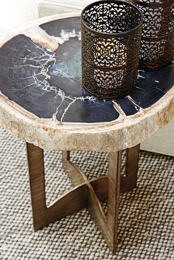 Lexington Cross Creek Contemporary Accent Table With Petrified Wood Top & Hand-burnished Silver Leaf Base Carrillo  721-958c