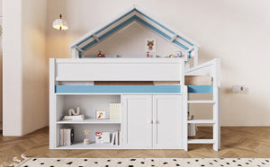 English Elm Full Size Pine Loft Bed with House Canopy Roof Built in Shelves and Storage Cabinet N7090005012C