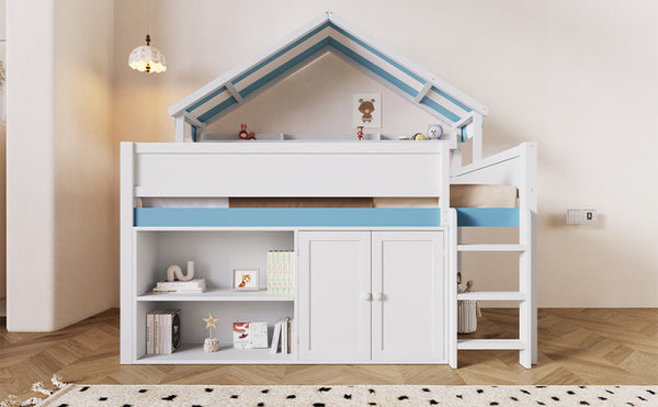 English Elm Full Size Pine Loft Bed with House Canopy Roof Built in Shelves and Storage Cabinet N7090005012C