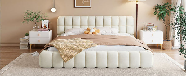 English Elm King Channel Stitched Linen Platform Bed Low Profile Contemporary Upholstered Frame Beige N737P387605A