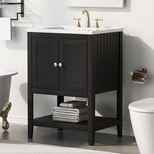 English Elm [Video] 24" Black Modern Sleek Bathroom Vanity Elegant Ceramic Sink With Solid Wood Frame Open Style Shelf