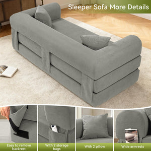 English Elm Convertible Corduroy Sleeper Sofa Queen Fold Out Bed with Dual Storage Pockets Light Gray W3396P483179