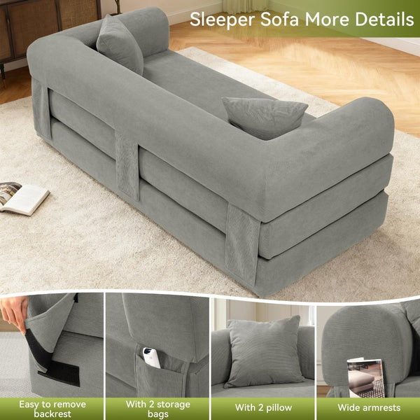English Elm Convertible Corduroy Sleeper Sofa Queen Fold Out Bed with Dual Storage Pockets Light Gray W3396P483179