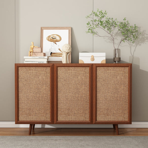 English Elm Entryway Walnut Rattan Storage Console Cabinet with Adjustable Shelves Mid-Century Buffet Sideboard W2263P207528