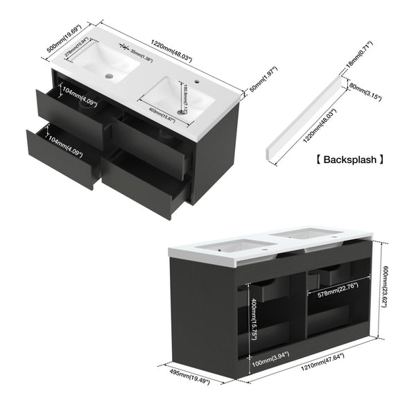 English Elm 48.03"w Floating Matte Black Vanity with Ceramic Sink and White Stone Countertop T3785S00018