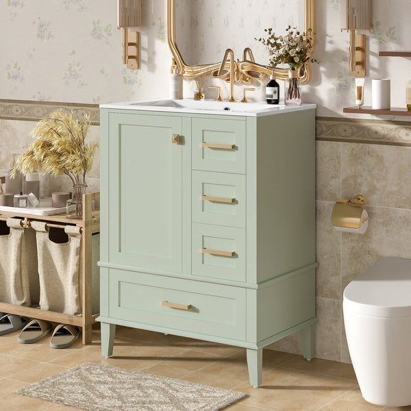 English Elm 24" Olive Bathroom Vanity Solid Wood Frame Ceramic Sink Gold Hardware Soft Close Green N729P373276F