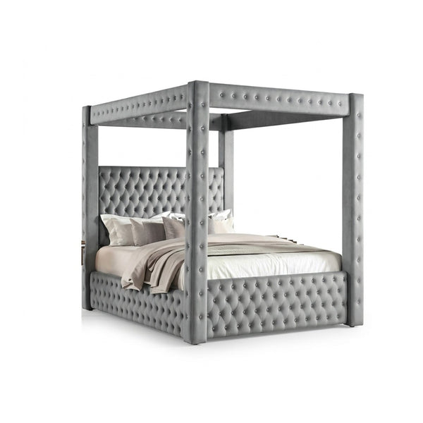 English Elm 1pc Gray Flannelette Four Poster Bed Tufted Upholstered Frame with Usb and Bluetooth B2741S00936