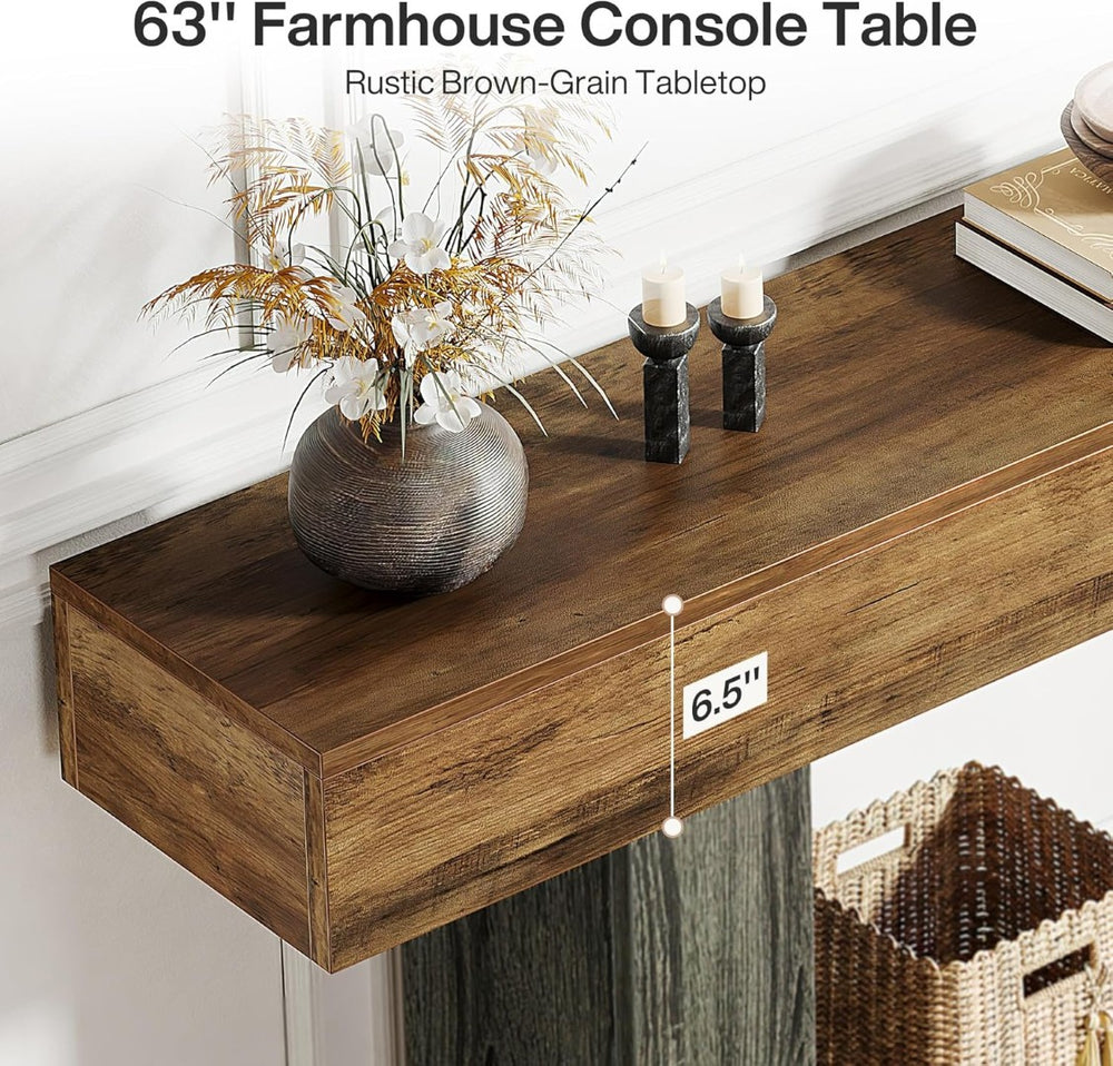 English Elm Wooden Two-tone Farmhouse Console Table Narrow Sofa Entryway Shelf Rustic Brown T3971P417338