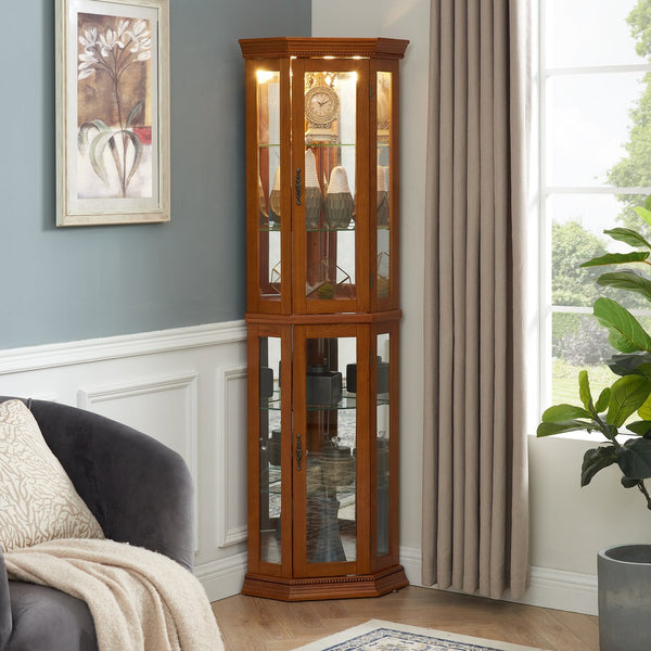 English Elm Corner Curio Cabinet with Lighted Top, Mirrored Back, Tempered Glass Shelves, Walnut Finish Elegance Oak W1693P165016