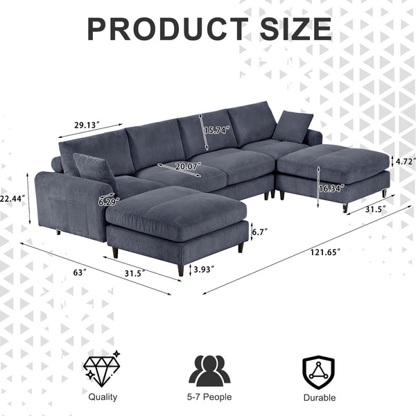 English Elm Modern corduroy modular sectional sofa U‑ or L‑shape convertible oversized seating with storage pockets adjustable headrests Grey W2121S00008