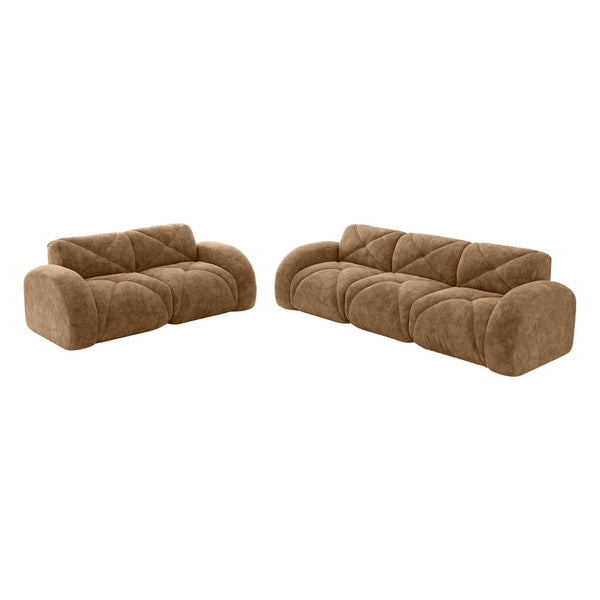 English Elm Three Seater Chenille Sofa with Ottoman Solid Wood Base Tufted Arms Living Room Camel W714S01635