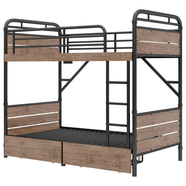 English Elm Twin Xl Metal Bunk Bed With Led Light & Charging Station, 2 Storage Drawers For Organized Living W2580S00048-GIGA