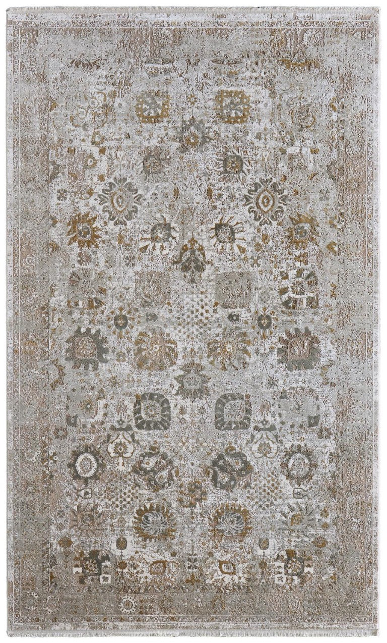 HomeRoots Ivory Gold Floral Power Loomed Area Rug with Fringe Tassels for Living Room or Entryway 2' x 3' 722065