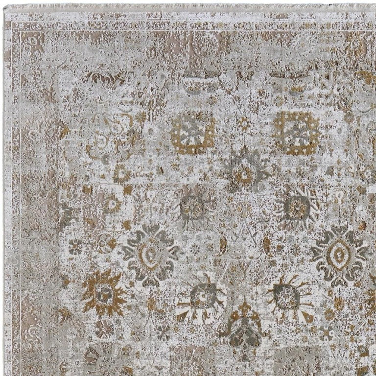 HomeRoots Ivory Gold Floral Power Loomed Area Rug with Fringe Tassels for Living Room or Entryway 2' x 3' 722065