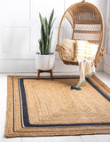 Unique Loom Braided Jute Gujarat Hand Woven Border Rug Natural and Navy Blue, Navy Blue 5' 1" x 8' 0"