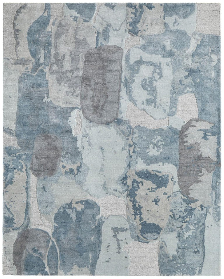 10 X 14 Hand Tufted Wool Blend Abstract Area Rug in Blue and Ivory Tones