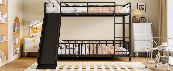 English Elm Twin Twin over Twin metal bunk bed with slide, guardrails and convertible loft design for safety and playfulness Black SF000169AAB