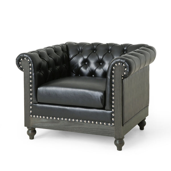 English Elm Christopher Knight Home® - CLUB Club Chair Chesterfield-Inspired Tufted PU Upholstery with Nailhead Trim, Scrolled Arms, Turned Legs Black 39.25 L x 34.25 W x 25 H 72069.00MDNT