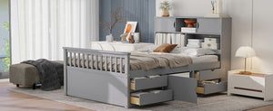 English Elm Full Size Captain Platform Bed Frame With Storage, Bookcase Headboard & Configurable Drawers, Gray N7090000473E