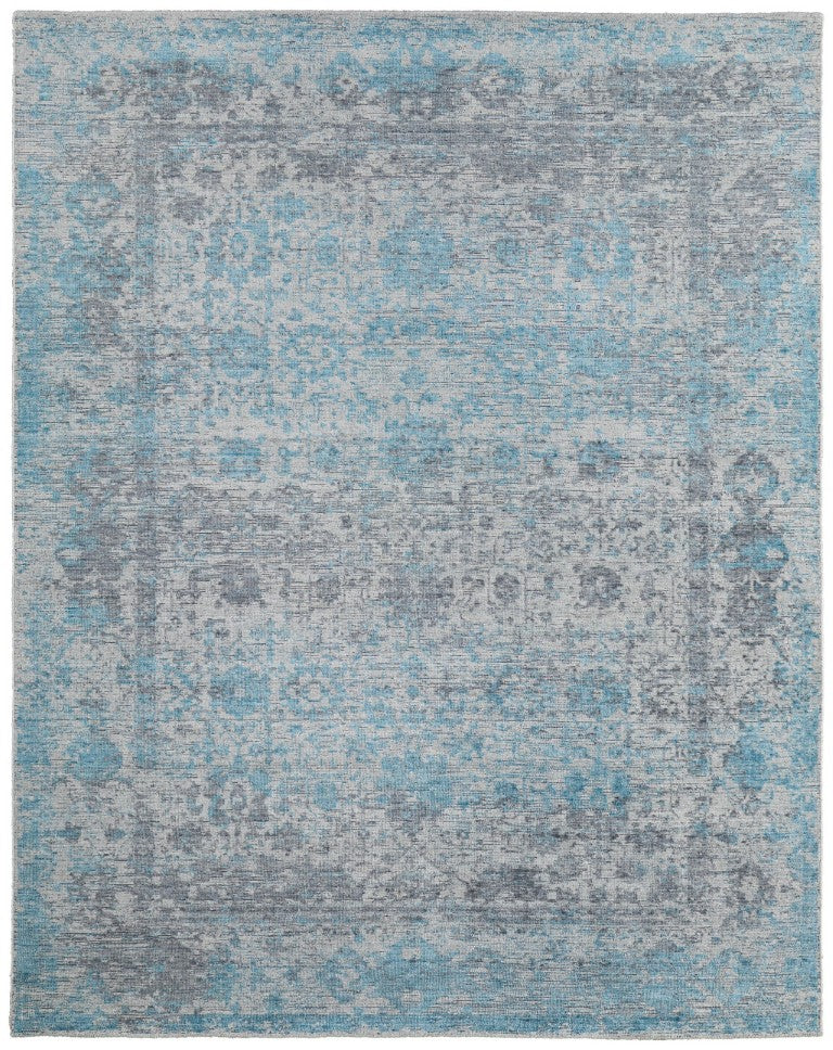 HomeRoots Hand Knotted Oriental Rayon Area Rug Blue Ivory Low Pile Traditional Living Room Decor 10' x 14' 722256
