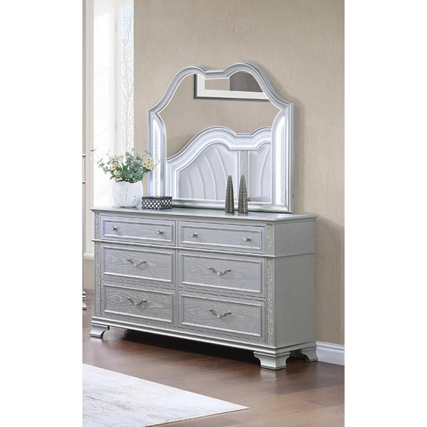 English Elm Contemporary Six Drawer Dresser with Crystal Knobs Glitter Accents and Gray Finish B011P448868