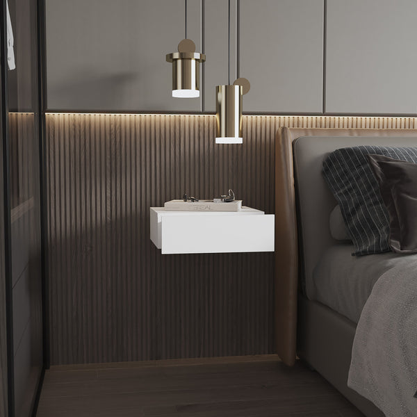 English Elm White Floating Nightstand Wall-Mounted | Sleek Modern Minimalist Design, Drawer Storage, Space-Saving Elegance B062P175152