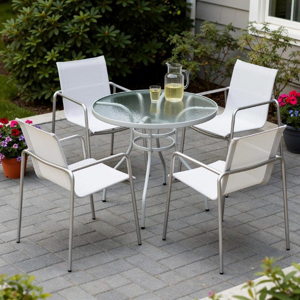 Set of Four Steel Frame Sling Patio Arm Chairs for Outdoor Dining and Lounging