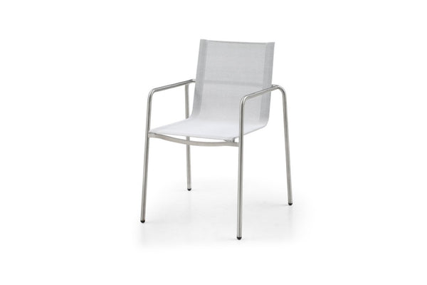 Set of Four Steel Frame Sling Patio Arm Chairs for Outdoor Dining and Lounging