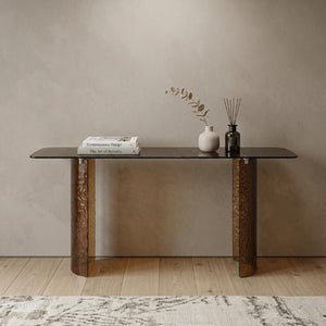 63 Inch Bronze Finish Glass Top Double Pedestal Entryway Console Sofa Table